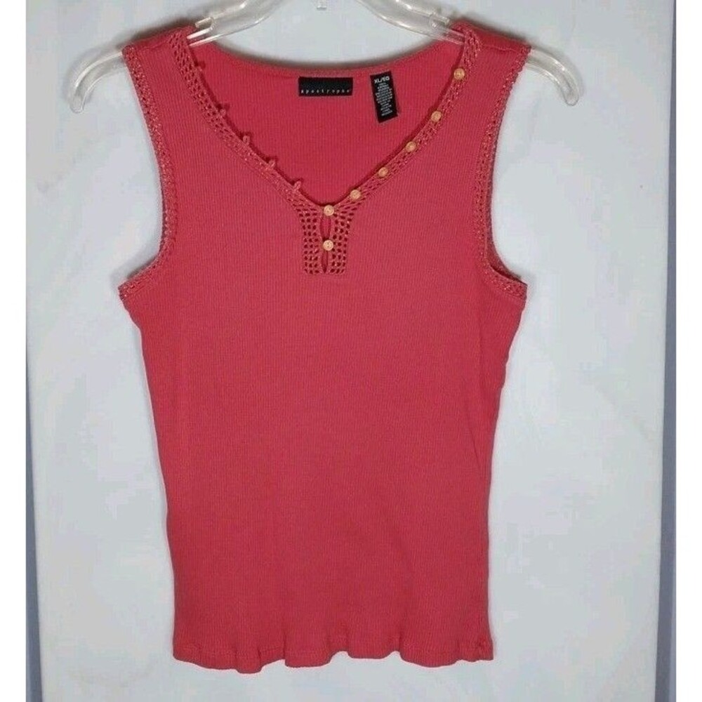 Y2K Coral Ribbed Knit Tank Top Womens XL Crochet Trim Button Detail Cotton